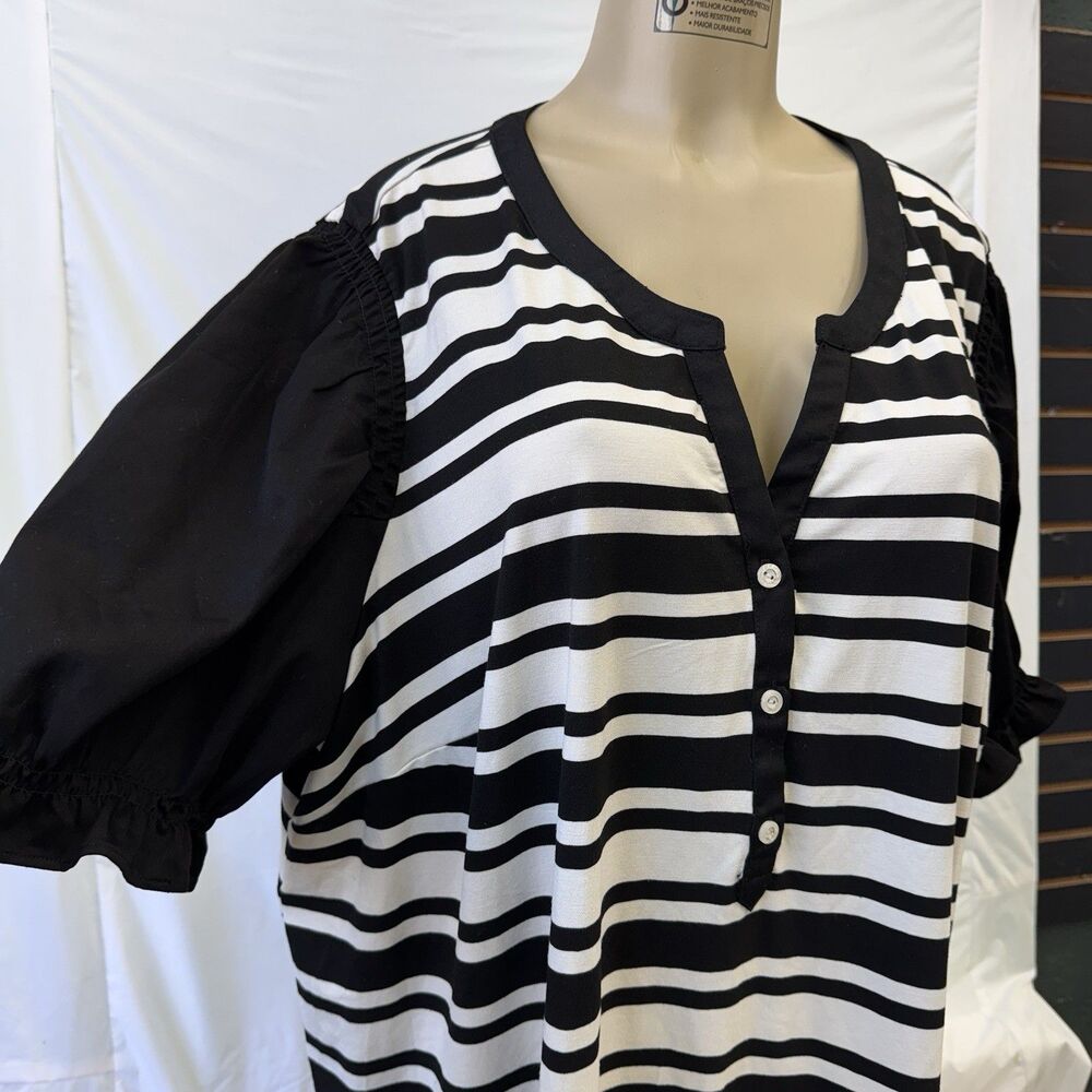 Cato Women's Plus Size 26/28W Striped Henley Top - Black & White Puff Sleeve - Picture 2 of 8